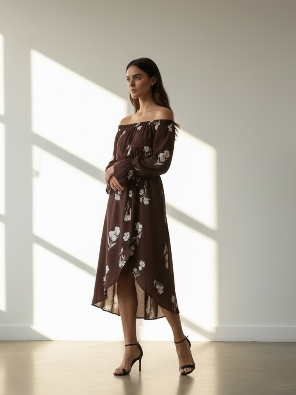 Off-Shoulder Brown Floral Midi Dress with Tie Waist - Picture 5 of 5